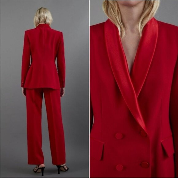 ZARA Red Tuxedo Blazer Satin Collar Jacket Sz M Double Breasted Party 7906/783 - Picture 2 of 10